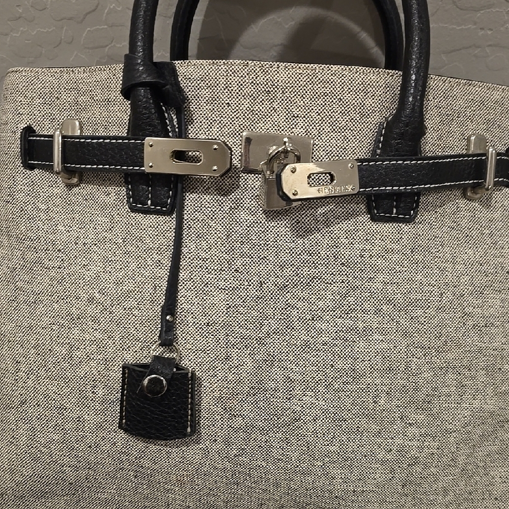 Woven Canvas Satchel with Black Leather Trim